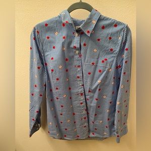 J- Crew pinstripe blouse with apple design in a petit large